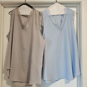 Lace Trim Sleeveless Tops in Gray and Light Blue